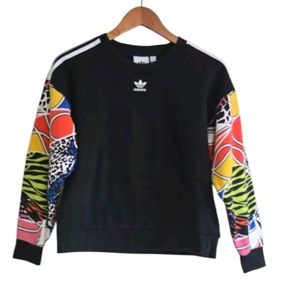 Adidas Original X Rich Minsi Sweatshirt Women XS Black Graphic Mix Print Sleeves - Picture 1 of 7